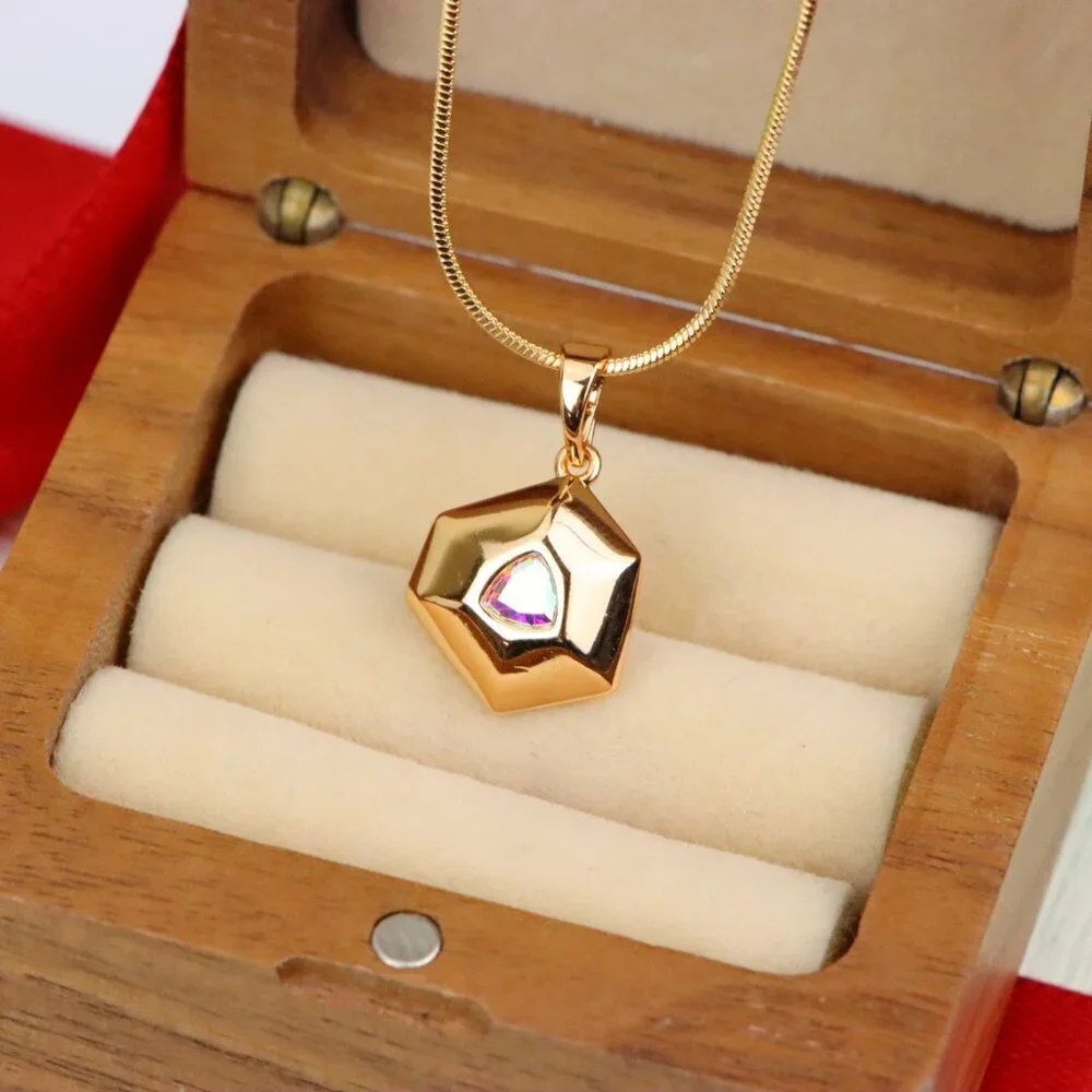 "Gold-Plated Satin White Pendant with Iridescent Center Stone, XPPT1749 - Picture 9 of 13